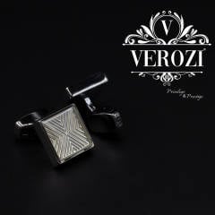 Verozi Kol Düğmesi - Kare Gümüş Renk Desenli Taşlı - KDKDBG