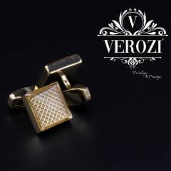 Verozi Kol Düğmesi - Kare Altın Desenli Sarı Taşlı - KDKDIBA