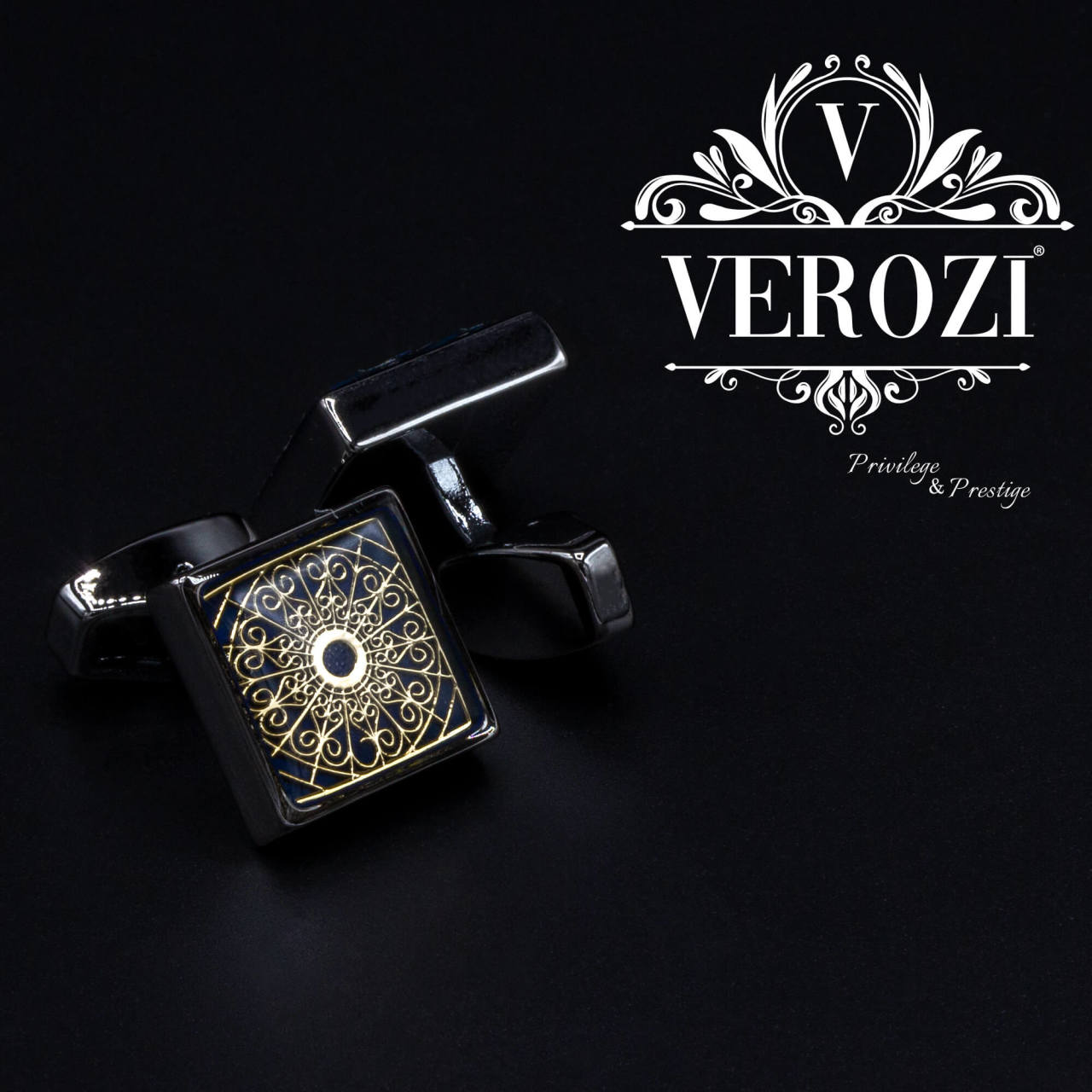 Verozi Kol Düğmesi - Kare Koyu Gri Desenli Lacivert Taşlı - KDKDIMAF