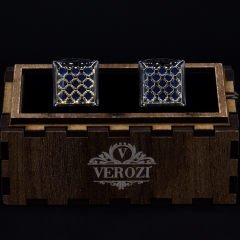 Verozi Kol Düğmesi - Kare Koyu Gri Desenli Lacivert Taşlı - KDKDMAG