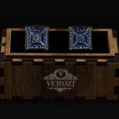 Verozi Kol Düğmesi - Kare Koyu Gri Desenli Mavi Taşlı - KDKDMGF