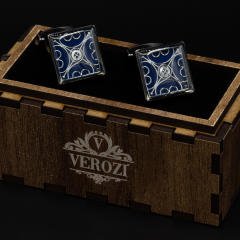 Verozi Kol Düğmesi - Kare Koyu Gri Desenli Mavi Taşlı - KDKDMGF