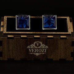Verozi Kol Düğmesi - Kare Koyu Gri Desenli - Mavi Taşlı - KDKPDMMF