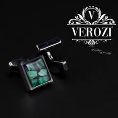 Verozi Kol Düğmesi - Kare Koyu Gri Desenli - Yeşil Taşlı - KDKPDMYF