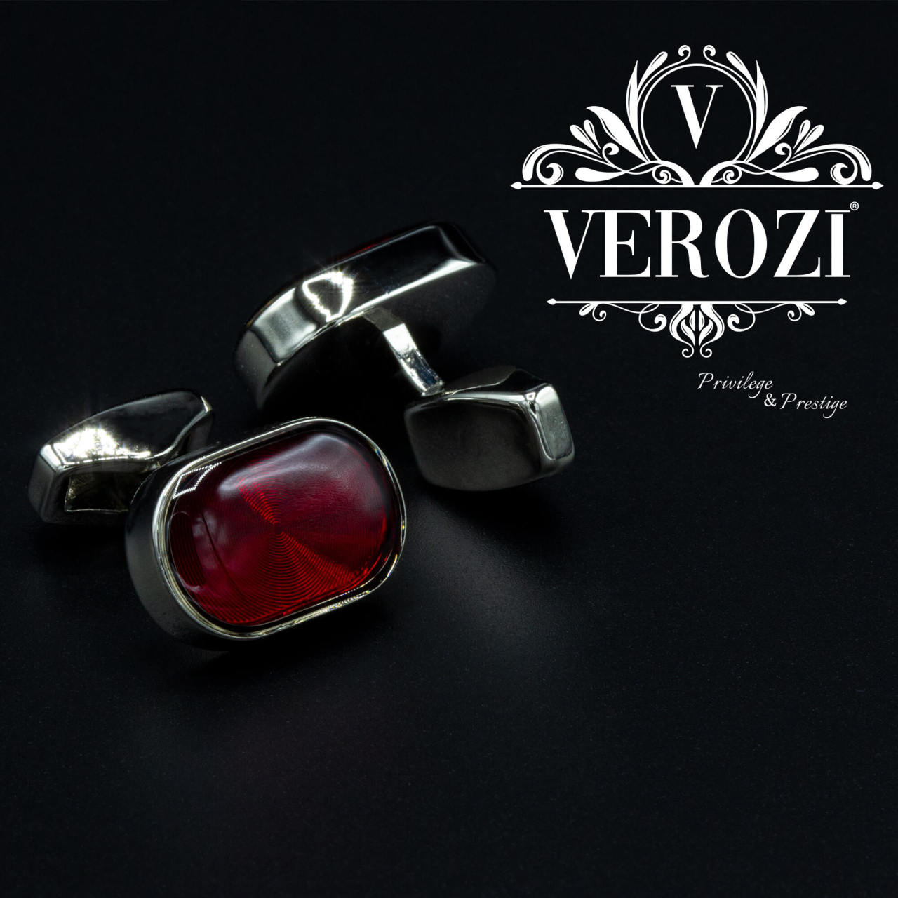 Verozi Kol Düğmesi - Oval Kırmızı Cam Taşlı Gümüş - KDOCKG