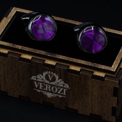 Verozi Kol Düğmesi - Yuvarlak Mor Cam Taşlı Koyu Gri Gövde - KDOCMF