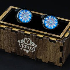 Verozi Kol Düğmesi - Yuvarlak Mavi Cam Taşlı Koyu Gri Gövde - KDODCMF