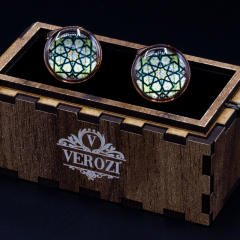 Verozi Kol Düğmesi - Yuvarlak Yeşil Desenli Taşlı Bakır Renkli Gövde - KDODKB