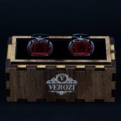 Verozi Kol Düğmesi - Oval Kırmızı Desenli Taşlı Füme Gövde - KDODKF