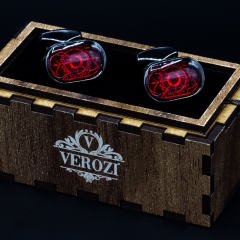 Verozi Kol Düğmesi - Oval Kırmızı Desenli Taşlı Füme Gövde - KDODKF