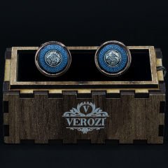 Verozi Kol Düğmesi - Yuvarlak Mavi Gümüş Desenli Bakır Renkli Gövde - KDODMGB
