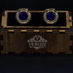 Verozi Kol Düğmesi - Yuvarlak Mavi Taşlı Altın Renkli Gövde - KDOMAA