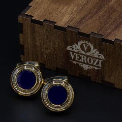 Verozi Kol Düğmesi - Yuvarlak Mavi Taşlı Altın Renkli Gövde - KDOMAA