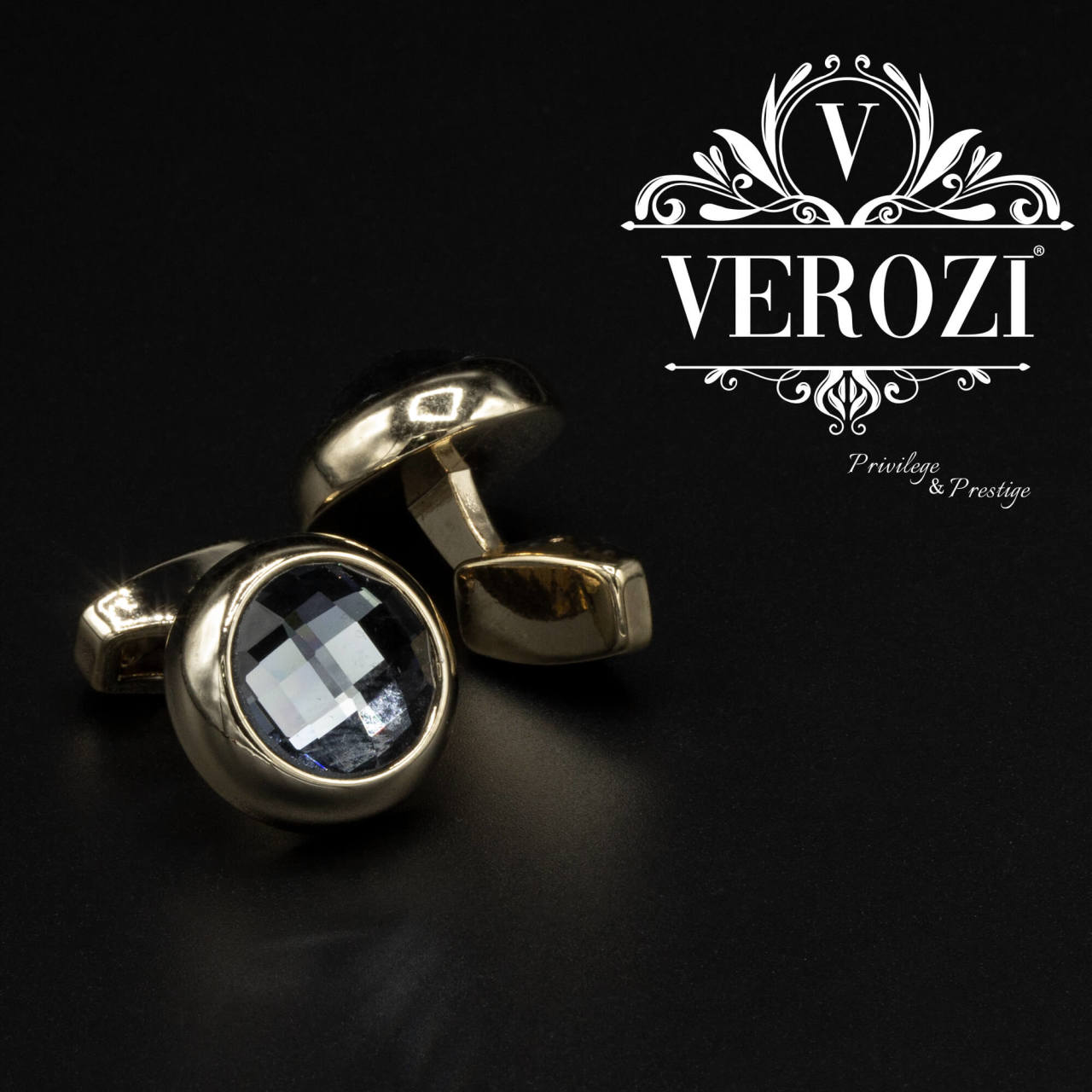 Verozi Kol Düğmesi - Yuvarlak Cam Taşlı Altın Renkli Gövde - KDOMTA