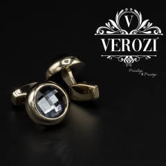 Verozi Kol Düğmesi - Yuvarlak Cam Taşlı Altın Renkli Gövde - KDOMTA