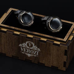 Verozi Kol Düğmesi - Yuvarlak Siyah Desenli Taşlı Füme Gövde - KDOSFF