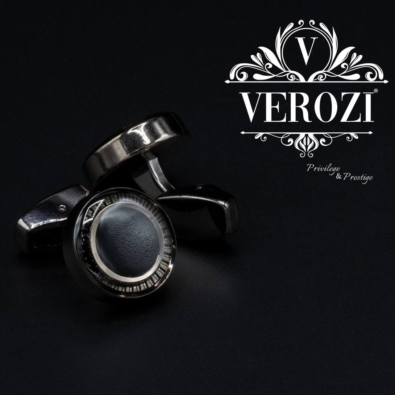 Verozi Kol Düğmesi - Yuvarlak Siyah Desenli Taşlı Füme Gövde - KDOSFF