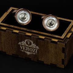 Verozi Kol Düğmesi - Yuvarlak Beyaz Taşlı Bakır Renkli Gövde - KDOSGB