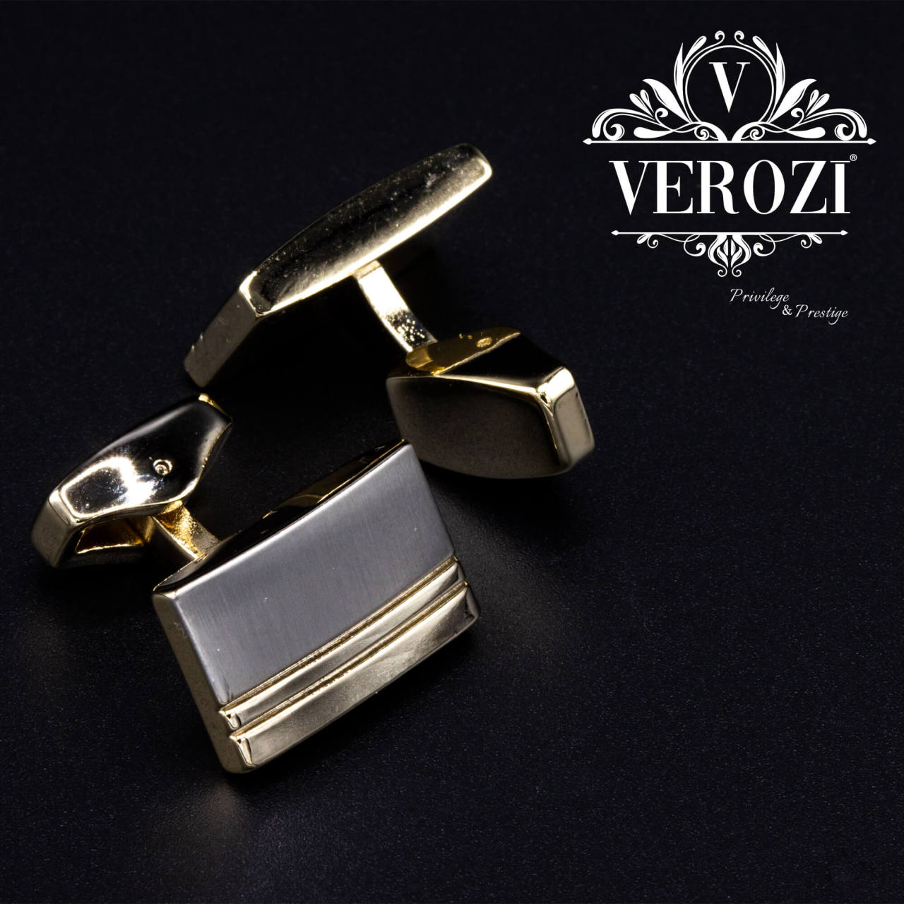 Verozi Kol Düğmesi - Dikdörtgen Gövde Kişiye Özel Yatay Çizgili Altın Gümüş Renkli Gövde - KDFYÇDA