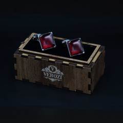 Verozi Kol Düğmesi - Kare Desenli Kırmızı Gümüş - KDKIDKF