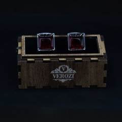 Verozi Kol Düğmesi - Kare Desenli Kırmızı Gümüş - KDKIDKF